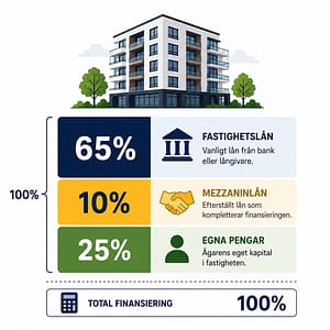 Finansiering av fastighet med fastighetslån, egna pengar och mezzaninlån